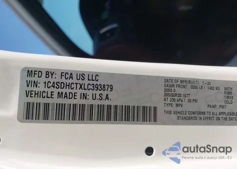 2020 Dodge Durango R/T Rwd z USA, uszkodzony, nr VIN 1C4SDHCTXLC393879